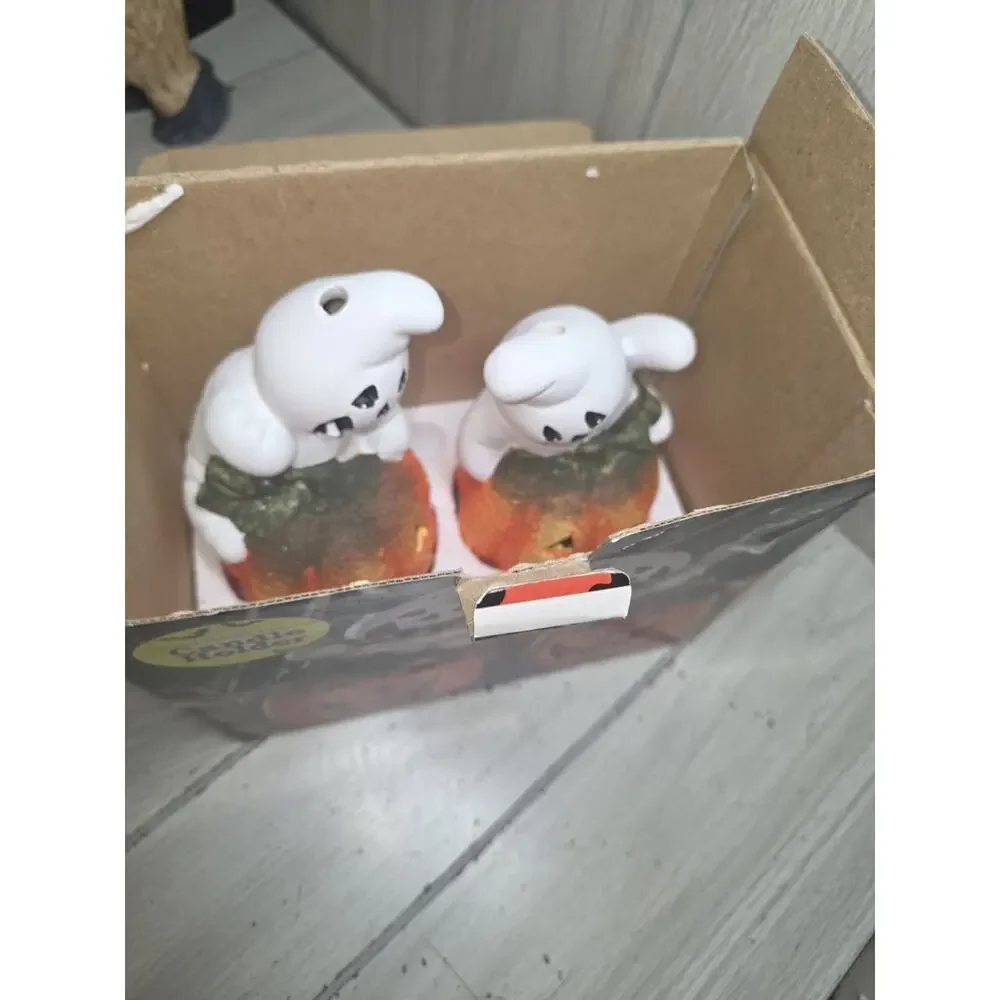 Alco Set of 2 Hand Painted Ceramic GHOST JACK O LANTERN Candle Holders NIB